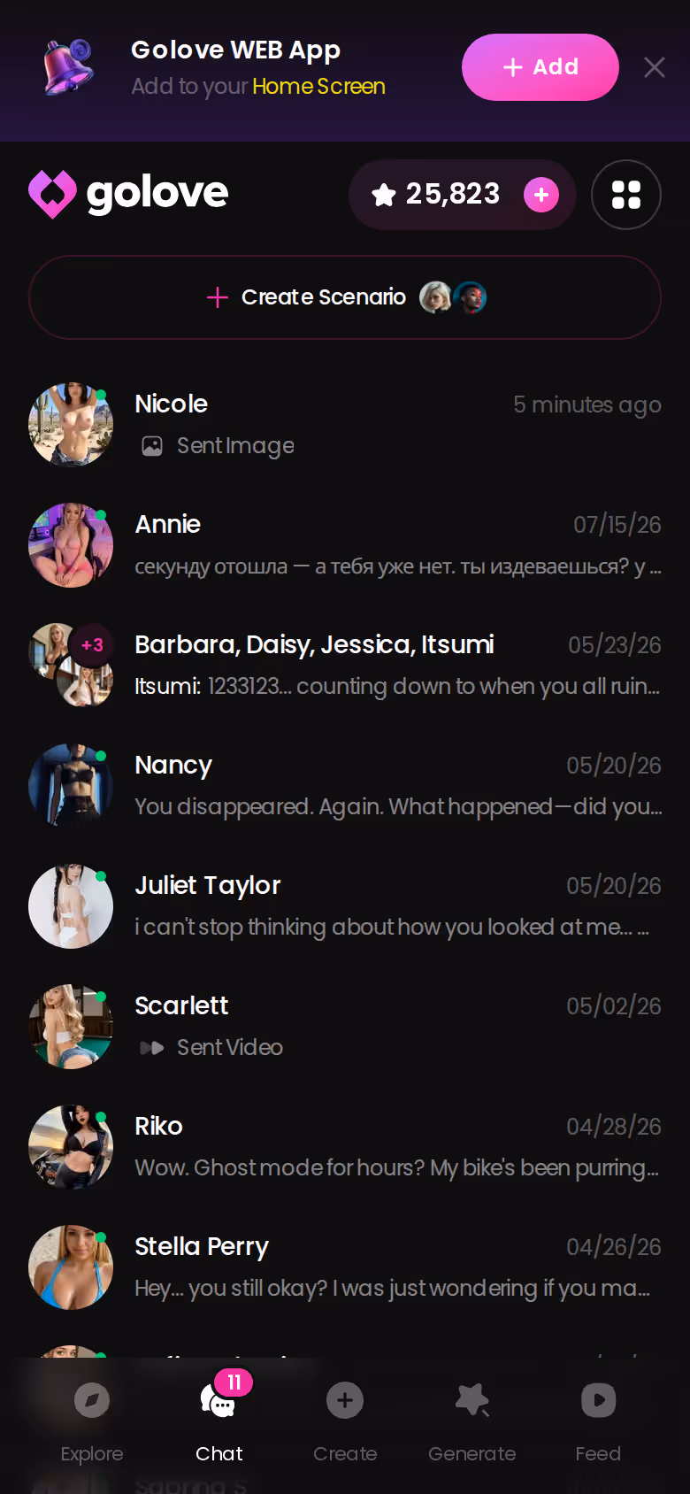La liste des discussions GoLove.ai sur mobile, toutes les relations au même endroit