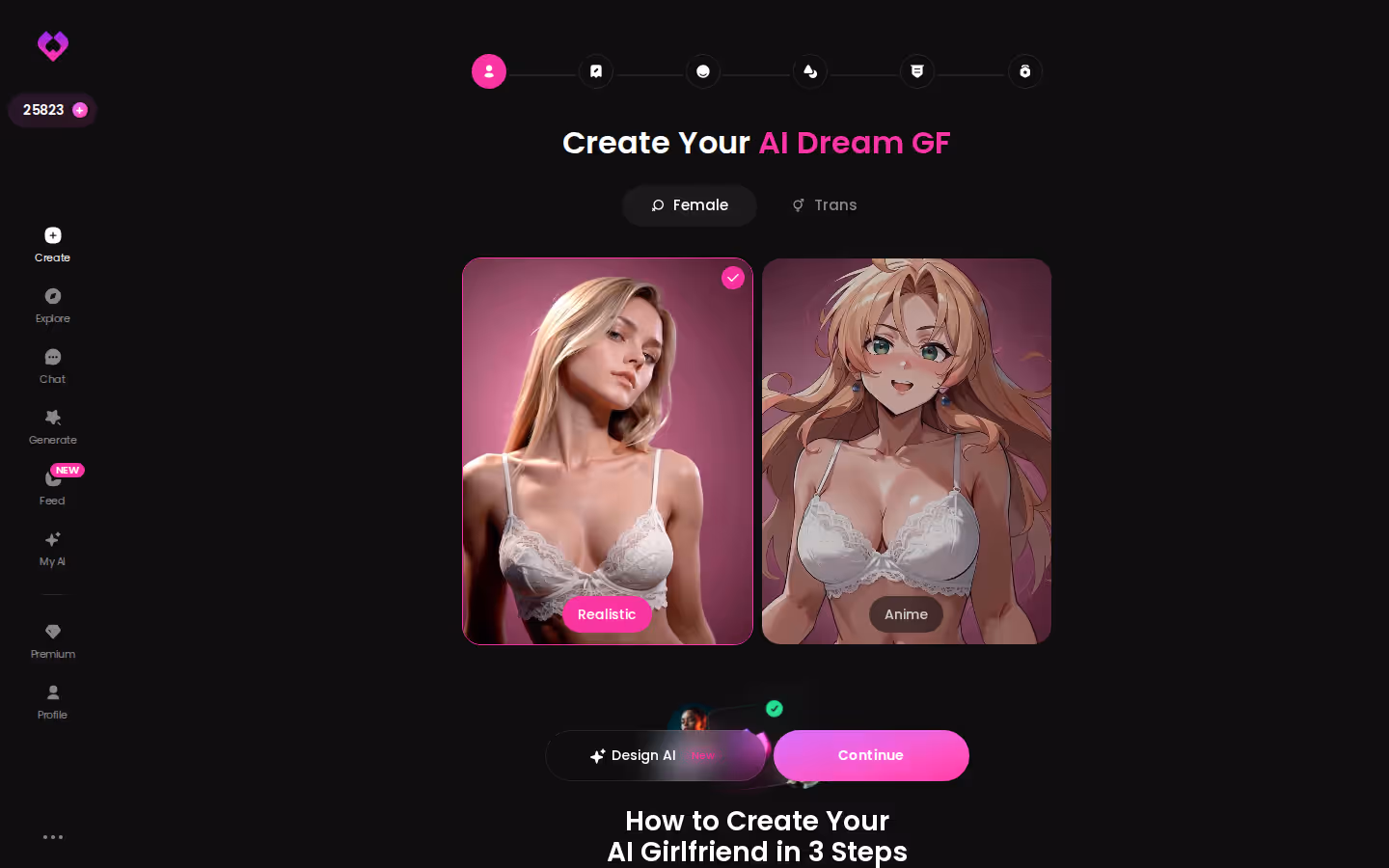 Assistant Créer de GoLove.ai avec les catégories Réaliste, Anime et Trans