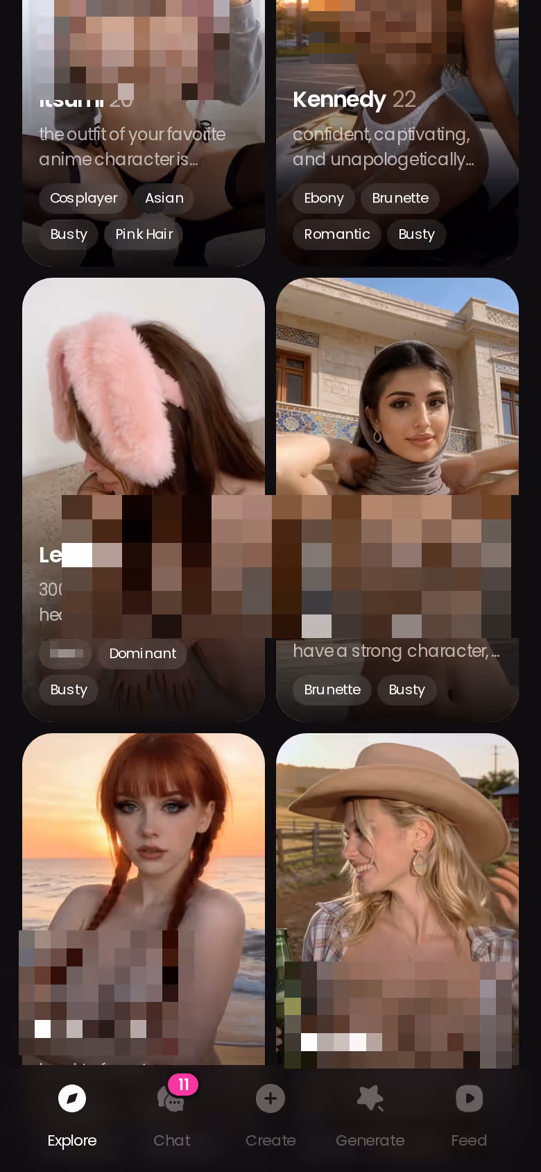 Page Explore de GoLove.ai sur mobile avec les profils réalistes prêts à discuter