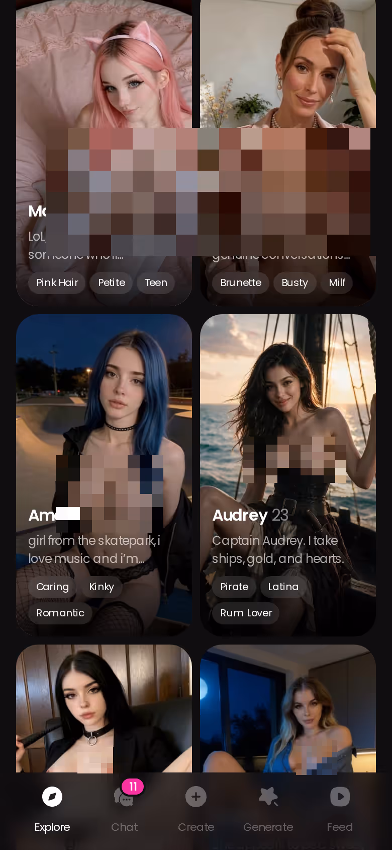 Onglet Explore de GoLove.ai sur mobile, avec les profils de filles réalistes à toucher pour lancer la discussion