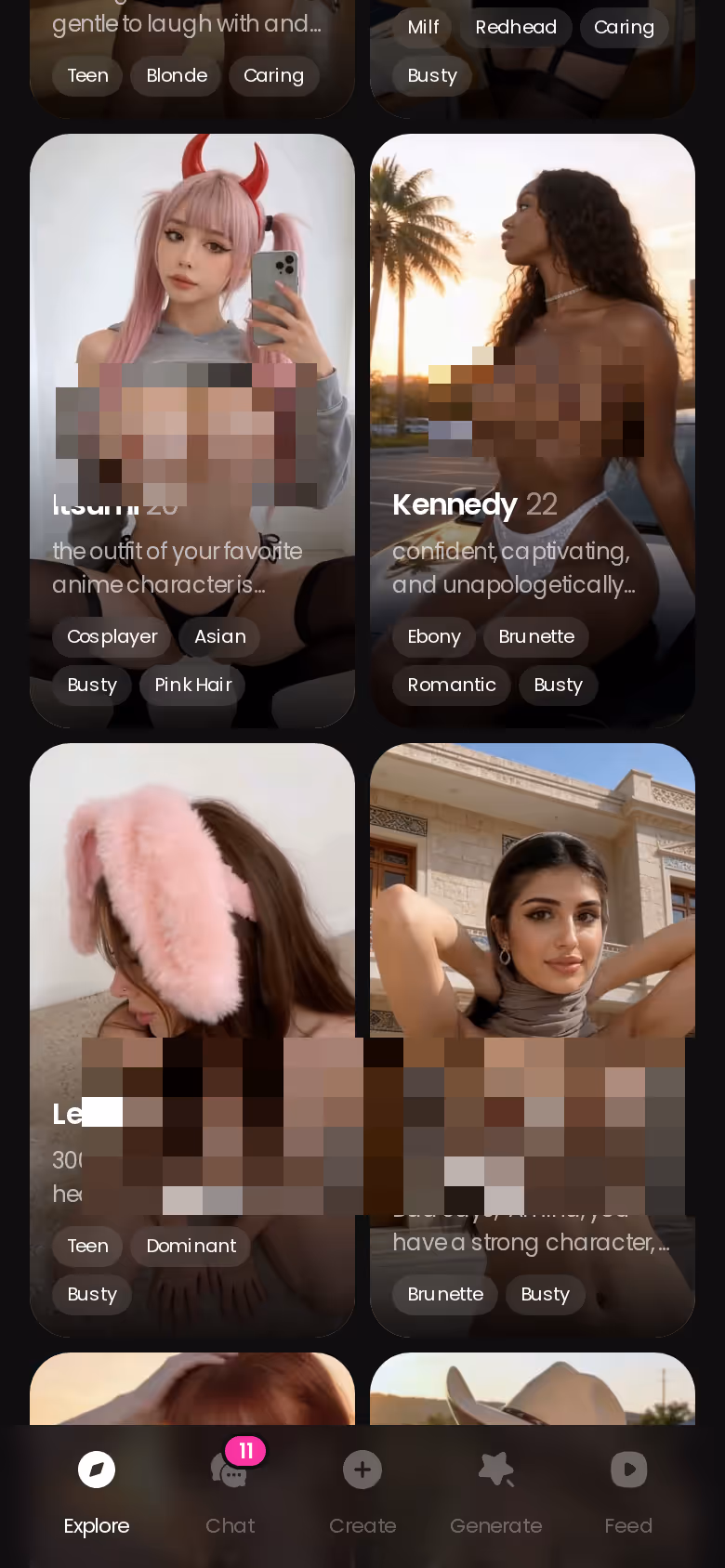 L'onglet Explore de GoLove.ai sur mobile, profils réalistes prêts à discuter