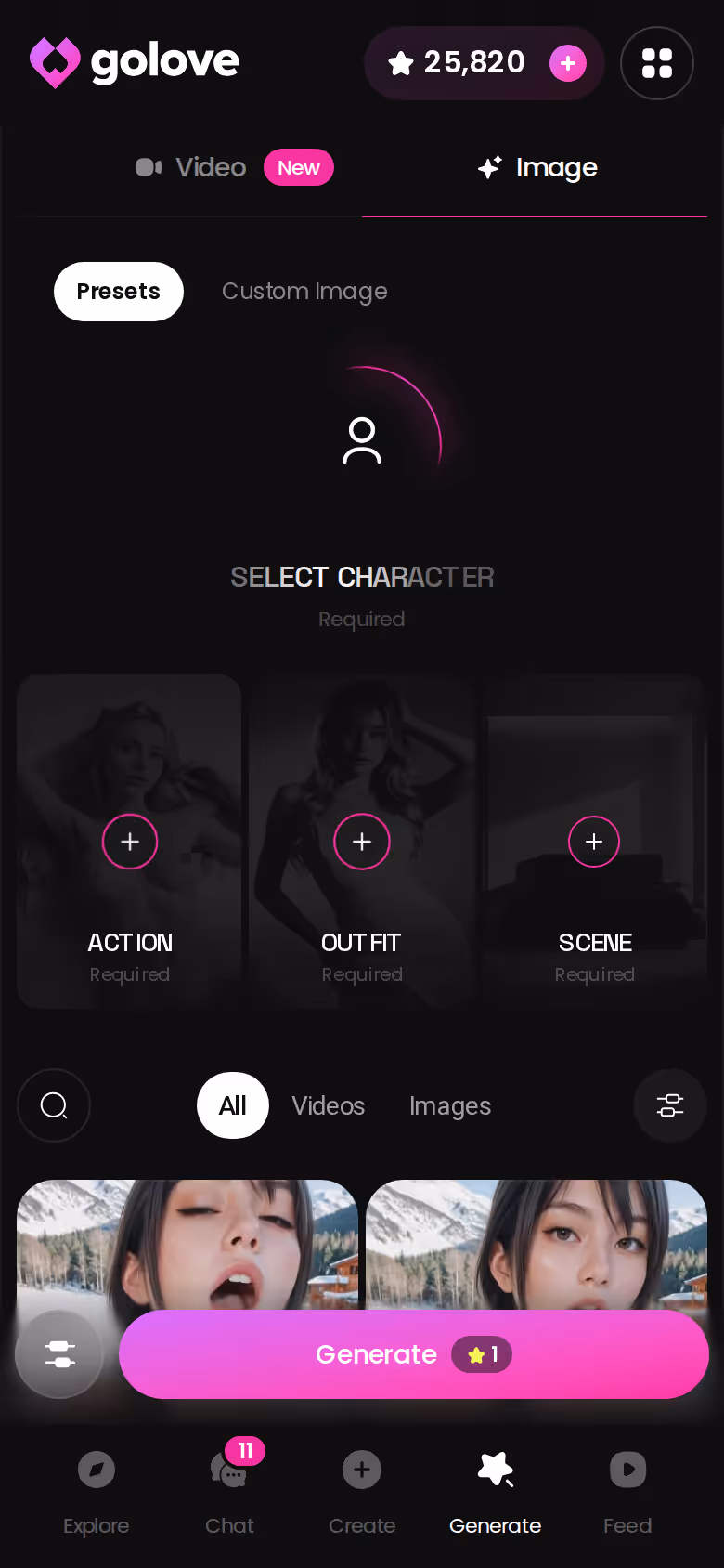 Mode Image de GoLove.ai sur mobile avec le choix de la pose, de la tenue et du décor