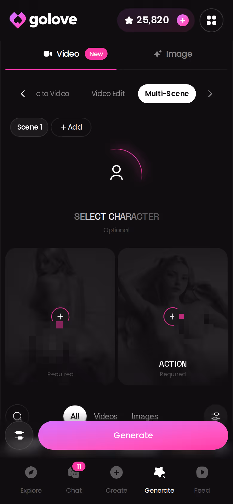 Générateur vidéo GoLove.ai sur mobile avec cartes action, tenue et scène